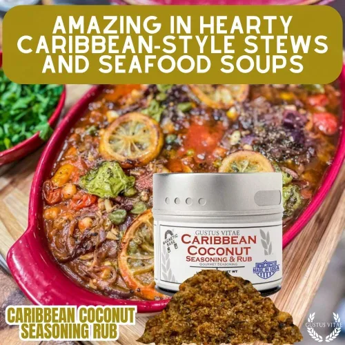 Vista 4 de Condimento y frote de coco caribeño, auténtica mezcla de especias gourmet artesanales, sin OMG, 2 onzas, lote pequeño, lata magnética, Gustus Vitae