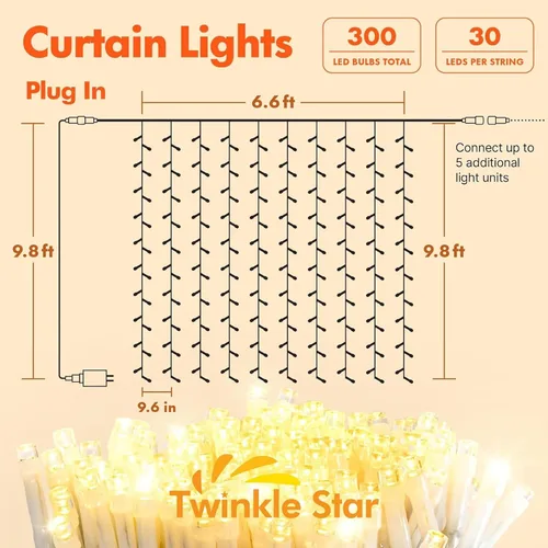 Vista 6 de Twinkle star - Cortina de cadena de 300 LED para ventana, luces para bodas, hogar, jardines, habitaciones, decoraciones de pared interiores