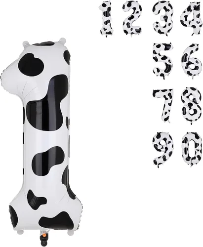 Vista 8 de Globos con estampado de vaca de 40 pulgadas, globo de número 0 blanco y negro con temática de vaquera, suministros de decoración de fiesta