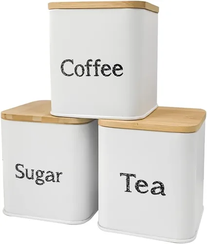 Vista 8 de SOTECH Juego de 3 recipientes de cocina para café, azúcar y té, tarros de metal con tapa de bambú, recipientes cuadrados negros para almacenamiento