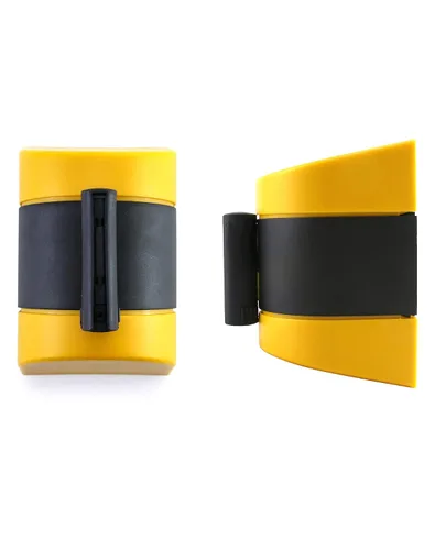 Vista 2 de QWORK Barrera de cinturón retráctil de montaje en pared fija, caja ABS de 16 pies, cinturón de seguridad negro y amarillo con tornillos