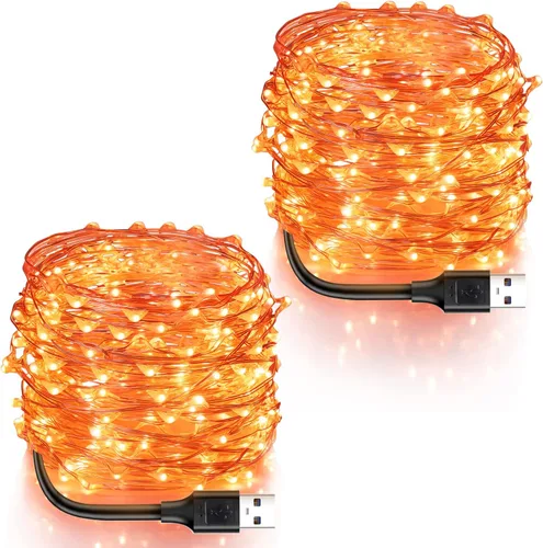 Vista 7 de Blingstar Luces de hadas alimentadas por USB, paquete de 2 unidades de 100 LED de 33 pies, cable plateado flexible, mini cadena de luces para el día