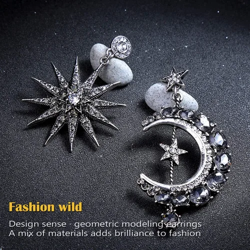 Vista 7 de MINIDUO aretes de luna y estrella para niñas, joyas, a la moda, aretes colgantes, para mujer, aleación, Negro
