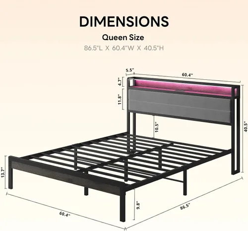 Vista 2 de LIKIMIO - Base de cama Queen con cabecero, luces LED y estación de carga