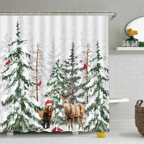 Vista 2 de Cortina de ducha con diseño de oso de ciervo, bosque de invierno, animales salvajes, pájaros rojos, alce, escena de nieve, pino, abeto, Navidad