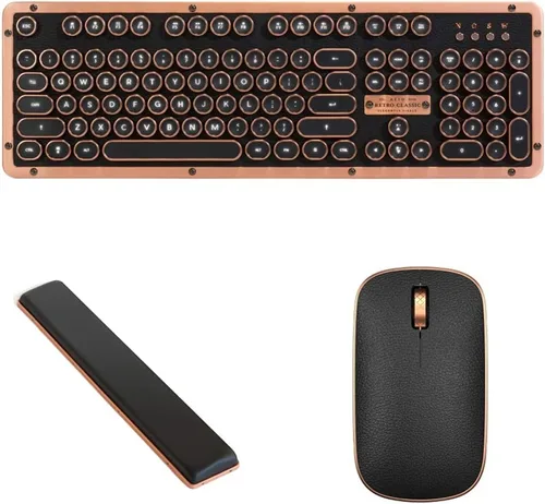 Vista 13 de Azio Retro Classic Bluetooth (Elwood) - Teclado mecánico retroiluminado inalámbrico/USB con cable de madera de nogal vintage para PC/Mac, madera