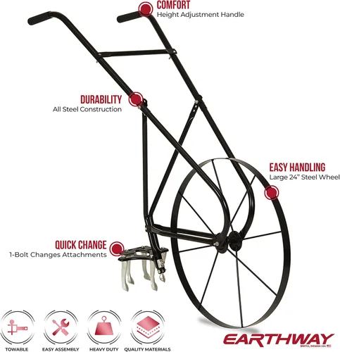 Vista 6 de EarthWay 6500 Cultivador de Rueda Alta Tubular con Mango Cómodo, Ajustable en 3 Posiciones, Implementos de Cambio Rápido y Rueda de Acero de 24