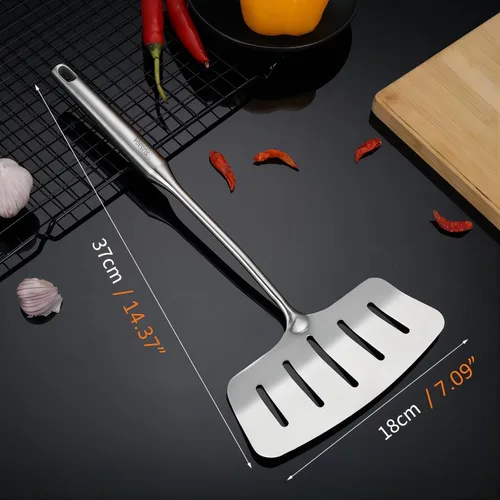 Vista 7 de GREATLINK Espátula de pescado de acero inoxidable 304, espátula ancha ranurada para carne con mango largo resistente al calor, girador de cocina