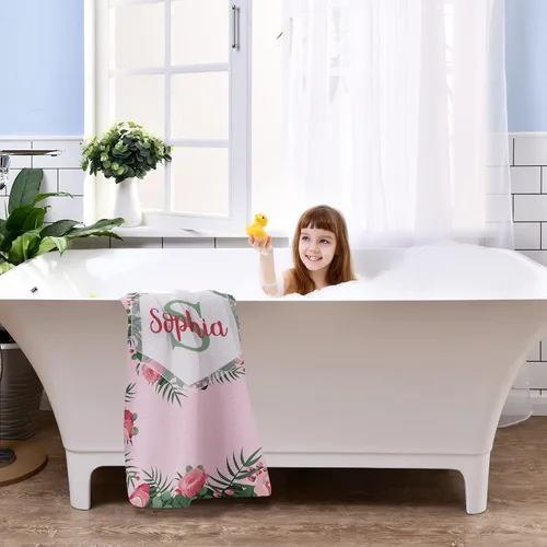 Vista 6 de Toallas de playa personalizadas para bebé niña con nombre para niños y adultos, toalla de baño de algodón con flores de acuarela personalizadas