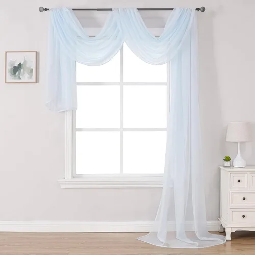 Vista 17 de Bufanda transparente para ventana de 144 pulgadas de largo, color azul bebé, perfecta como bufandas de cenefa, así como toldo de cama o decoración