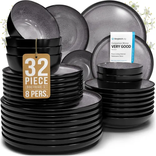 Vista 37 de Juego de vajilla de gres para 4 personas 12 piezas – Juego de platos y cuencos negros mate – Apto para lavavajillas, microondas y resistente a
