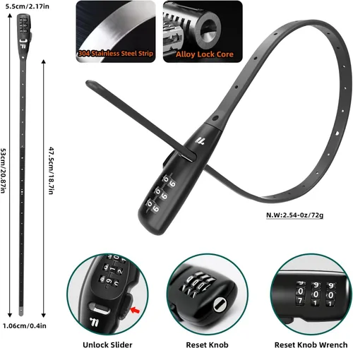 Vista 6 de Cerradura de amarre con cremallera, bloqueo de cable ajustable con núcleo de acero inoxidable, bloqueo de cable multiusos para cerradura