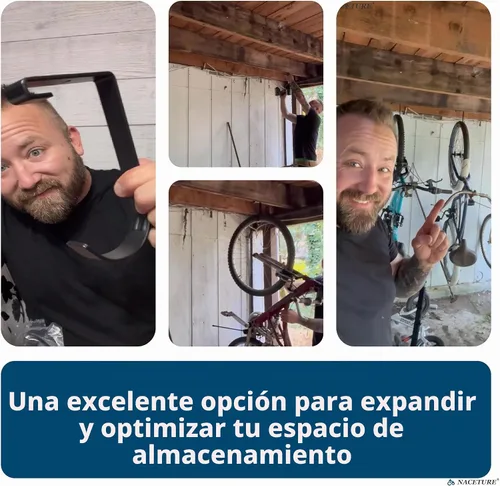 Vista 2 de Ganchos de bicicleta para soporte de montaje en techo de garaje – Estante de almacenamiento aéreo resistente de 4X8 para garaje en techo