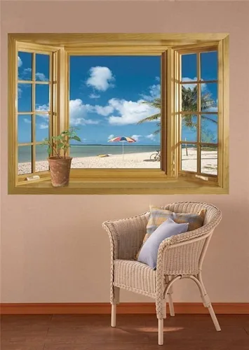 Vista 4 de Pegatinas de pared removibles 3D con diseño de ventana de playa, decoración para el hogar, decoración del hogar