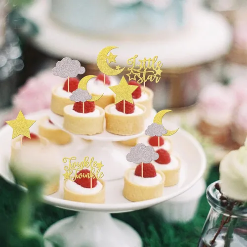 Vista 7 de Rsstarxi Paquete de 36 adornos para cupcakes con purpurina de luna, nubes y nubes, para baby shower, cumpleaños, boda, fiesta, suministros de Diseño