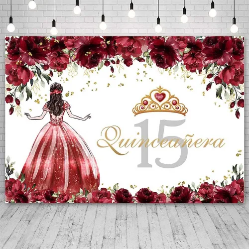Vista 6 de Sendy Telón de fondo de quinceañera de 15 cumpleaños para niñas, vestido azul, corona de princesa, fondo de fotografía, flores azules y zapatos