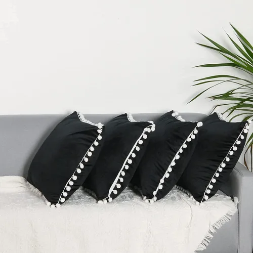 Vista 2 de Juego de 4 fundas de almohada decorativas con pompón, de terciopelo de 18.0 x 18.0 in, para sofá de cama, sala de estar, color negro