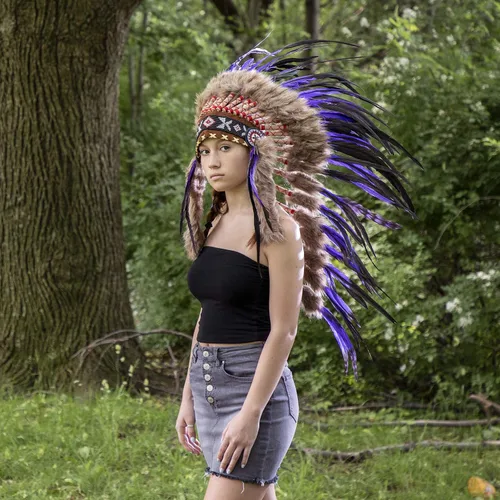 Vista 5 de Native Americana - Tocado de pluma india hecho a mano tamaño mediano color a elegir