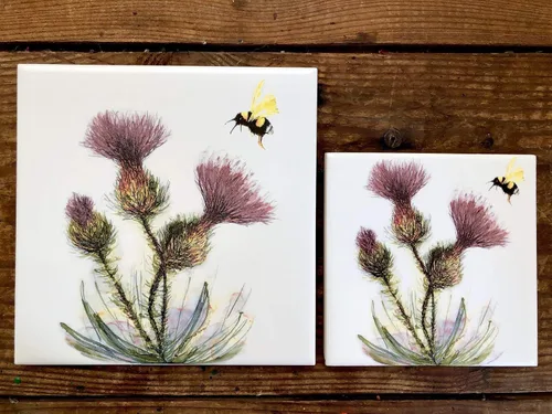 Vista 5 de Thistle and Honeybee Ceramic Tile - Indoor and Outdoor Use, Home Decor Decorative Tile