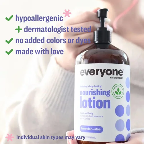 Vista 3 de Everyone - Loción 2 en 1 para manos/cuerpo, 32 onzas (paquete de 2) lavanda y aloe hecha con aceites esenciales para hombres y mujeres