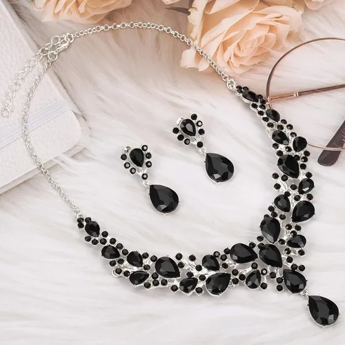 Vista 3 de Hicarer Conjunto de joyas de cristal en forma de lágrima nupcial para mujer, collar, aretes, boda Negro
