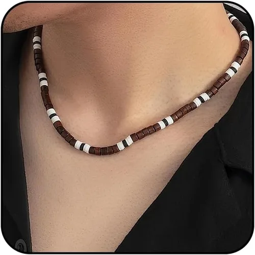 Vista 13 de Collar de capas de conchas Puka para hombres con cuentas de madera de coco marrón, collar bohemio de verano para hombres, collar de playa