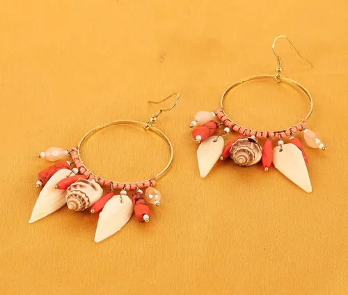Vista 3 de Touchstone Fresh Bollywood Brass Wire Hoop Shell Glass Beads Hangings Designer Fashion Jewelry Earrings In Antique Gold Tone For Women.