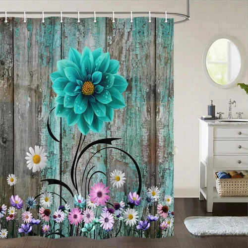 Vista 20 de Cortina de ducha rústica con diseño floral, cortina de ducha rústica con margaritas, cortina de ducha de madera rústica con ganchos, 36 x 72 Verde