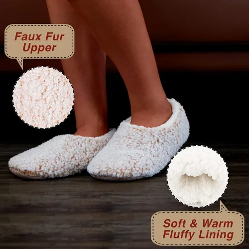 Vista 2 de 2-PK Soft Furry House Slippers for Women Indoor, Warm Sherpa Ballerina Anti-skid Soles, Winter Bedroom Fuzzy Slip-on Sock Shoes, Cozy Christmas Gifts