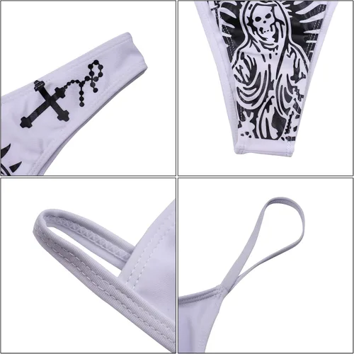 Vista 45 de AIBEARTY Traje de baño de dos piezas con estampado de calaveras para mujer, conjunto de bikini triangular de corte alto para fiesta, festival