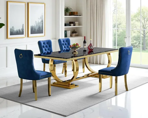 Vista 34 de Juego de mesa de comedor de mármol de 68.11 pulgadas para 4, moderna mesa de comedor de mármol sintético con 4 sillas de comedor de terciopelo