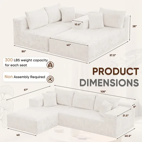Vista 3 de VICTONE Sofás seccional de 108” Cloud, sofá modular sin huesos en forma de L con asiento profundo, sofás tapizados de comodidad moderna para sala