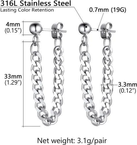 Vista 4 de Aretes colgantes de acero inoxidable para hombres y mujeres, chapados en oro de 18 quilates, aretes colgantes con bisagras, aretes de cadena larga