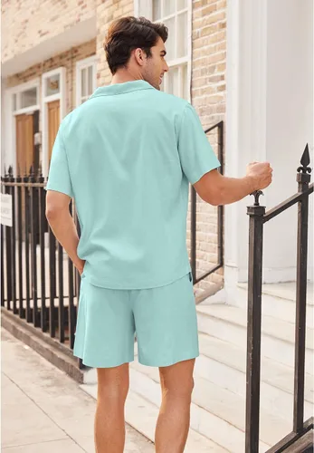 Vista 4 de COOFANDY Camisas de lino de manga corta con botones para hombre, conjunto corto hawaiano de playa de 2 piezas