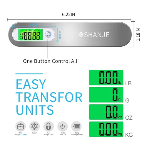 Vista 5 de SHANJE Báscula de equipaje de 110 libras, báscula digital de viaje de alta precisión, 110.2lbs con gancho
