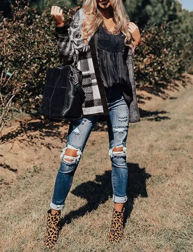 Vista 9 de ZESICA Suéter de punto de manga larga con estampado de leopardo para mujer, suéter tipo cardigan para exteriores.
