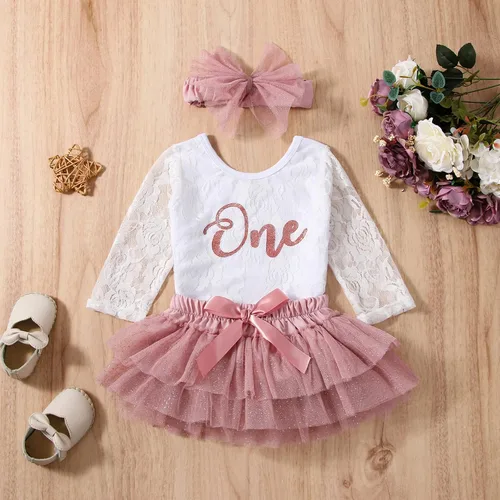Vista 7 de LYQTloml Conjunto de ropa para bebé niña de primer cumpleaños con falda tutú con diadema