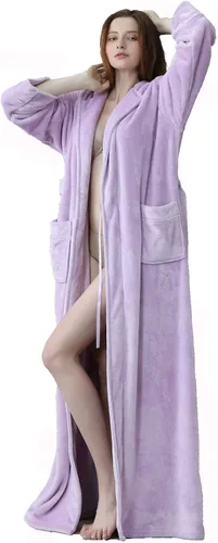 Vista 2 de Flygo Bata larga con capucha para mujer, de lujo, de franela, de forro polar, de longitud completa, ropa de dormir, pijama cálida de invierno