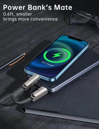 Vista 2 de Cable USB C ultra corto 4 en 1 de 0.6 pies compatible con cable Lightning [carga rápida y transferencia de datos] cable de carga plano trenzado