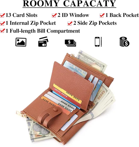 Vista 2 de FALAN MULE Cartera pequeña de cuero para mujer, con bloqueo RFID, tarjetero plegable con bolsillos dobles con cremallera, Marrón claro