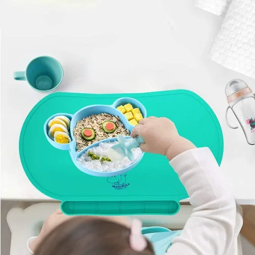 Vista 7 de Tapete individual de silicona para niños, Baby Mumbo, calidad alimentaria con bordes elevados únicos para la prevención de derrames, bandeja ligera