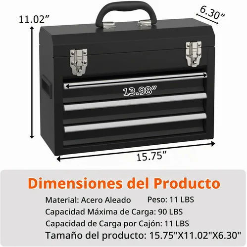 Vista 2 de Caja de herramientas portátil de metal con cajones, caja de herramientas con cierres y forros EVC, cofre de herramientas resistente con Negro