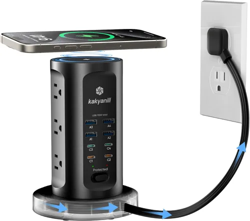 Vista 8 de Kakyanill Estación de carga USB de 30 W, torre de regleta de alimentación, 9 salidas de CA con 8 puertos USB (4 USB-C), cable de extensión retráctil