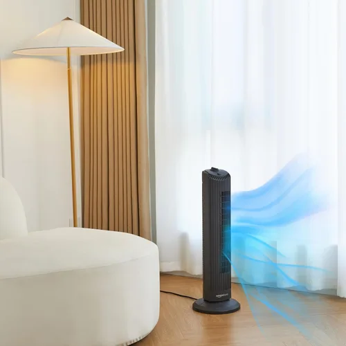 Vista 5 de Amazon Basics Ventilador de torre oscilante de 60 grados de 28 pulgadas para dormitorio, sala de estar, oficina, con 3 velocidades, control mecánico