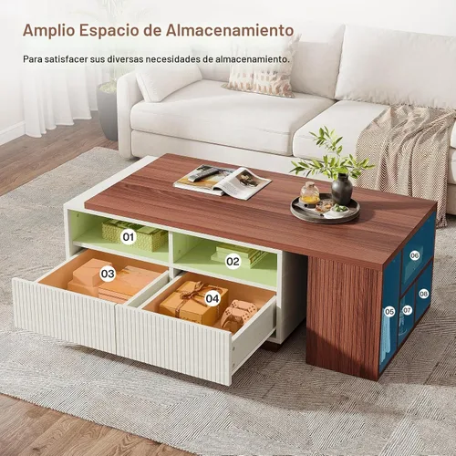 Vista 5 de Tribesigns Mesa auxiliar extensible con 2 cajones de almacenamiento, mesa reversible para sala de estar con estantes y parte superior ajustable