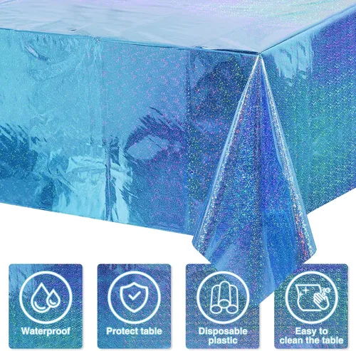 Vista 3 de Paquete de 4 manteles de plástico iridiscente brillantes desechables láser rectangulares, cubiertas de mesa, mantel de papel holográfico