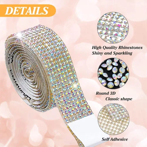 Vista 3 de 6 rollos de cinta de diamantes de imitación autoadhesiva con diamantes de imitación de 0.079 pulgadas (0.079 in) para manualidades, decoración de AB