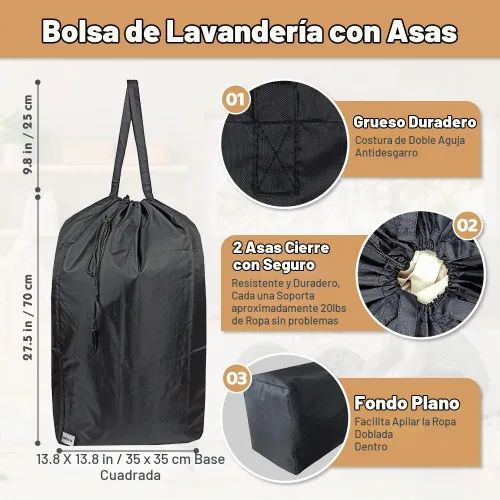 Vista 2 de Bolsa de lavandería de viaje lavable con asas y cordón (paquete de 2), resistente lo suficientemente grande como para contener 3 cargas de Negro