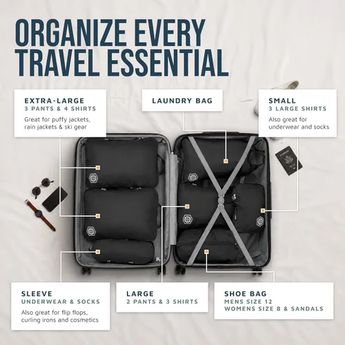 Vista 2 de TRIPPED Travel Gear Juego de 7 cubos de embalaje de compresión grandes para Negro