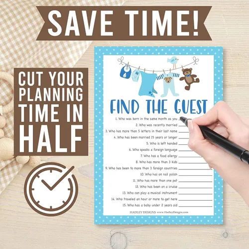 Vista 7 de Hadley Designs Juegos de baby shower para 25 invitados – Juego de trivia Blue Clothesline Boy Baby Shower, Find The Guest Babyshower Game Boy